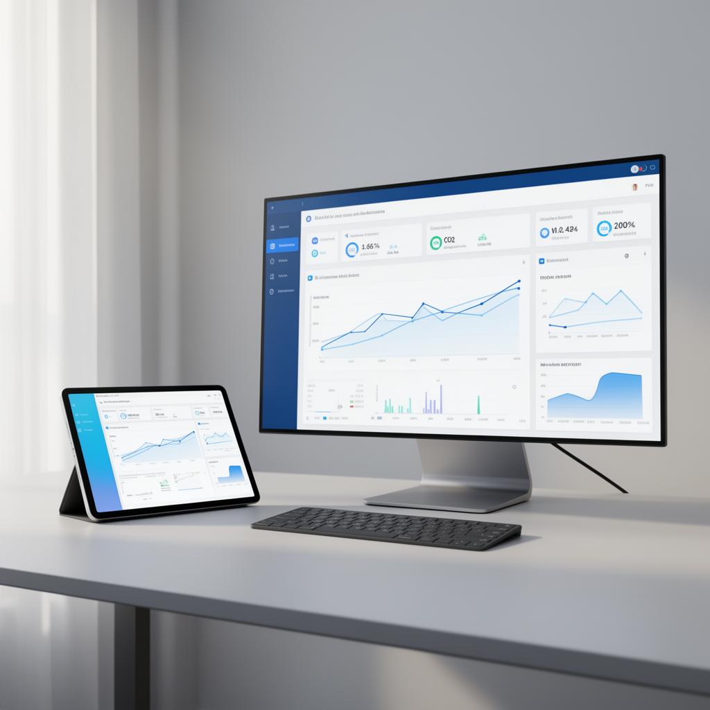 Monitor en tablet met analyses van kWh en kosten op een bureau