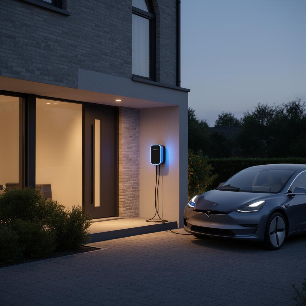 Thuislader op een oprit naast een elektrische wagen in de schemering